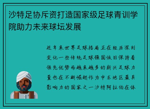 沙特足协斥资打造国家级足球青训学院助力未来球坛发展