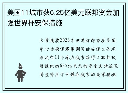 美国11城市获6.25亿美元联邦资金加强世界杯安保措施